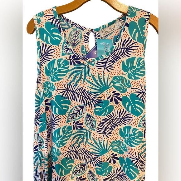 Tybee Island NWT Sz S Turquoise Blue Tropical Palm Tree Print Glowy Summer Dress - Picture 3 of 7